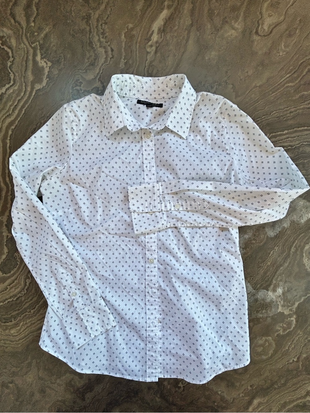 Banana Republic White Button-Down Shirt with Navy Micro Print